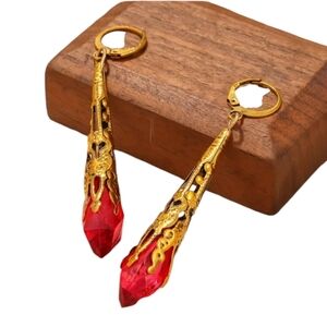 Gold Plated Ruby Red Elongated Turkish Earrings